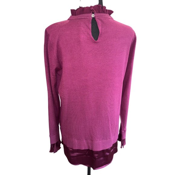 NWT Sioni Milano Plumb Wine XL Pleated Ruffle Hem Cuff L/S Top Classic Old Money - Picture 2 of 11